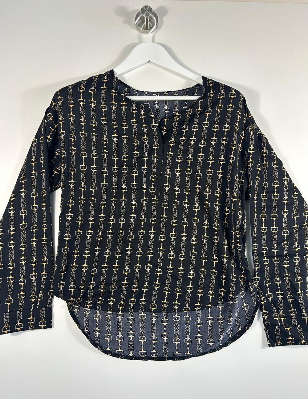 Black Gold Equestrian Horsebit Chain Print Blouse Top Medium